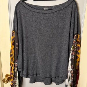 We The Free Free People Gray Waffle Knit with patchwork Balloon Sleeves (M)